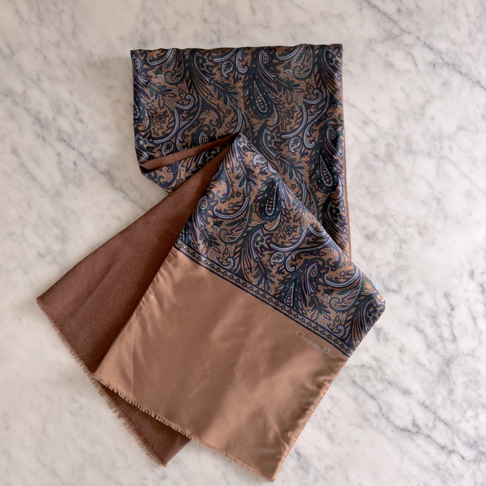 Christian Dior men’s silk and wool paisley scarf in blues and browns